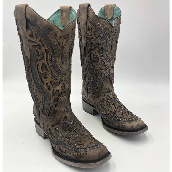 Corral Inlay Flower Embroidery Studded Leather Square Toe Western Boots Size 7 - Picture 2 of 14